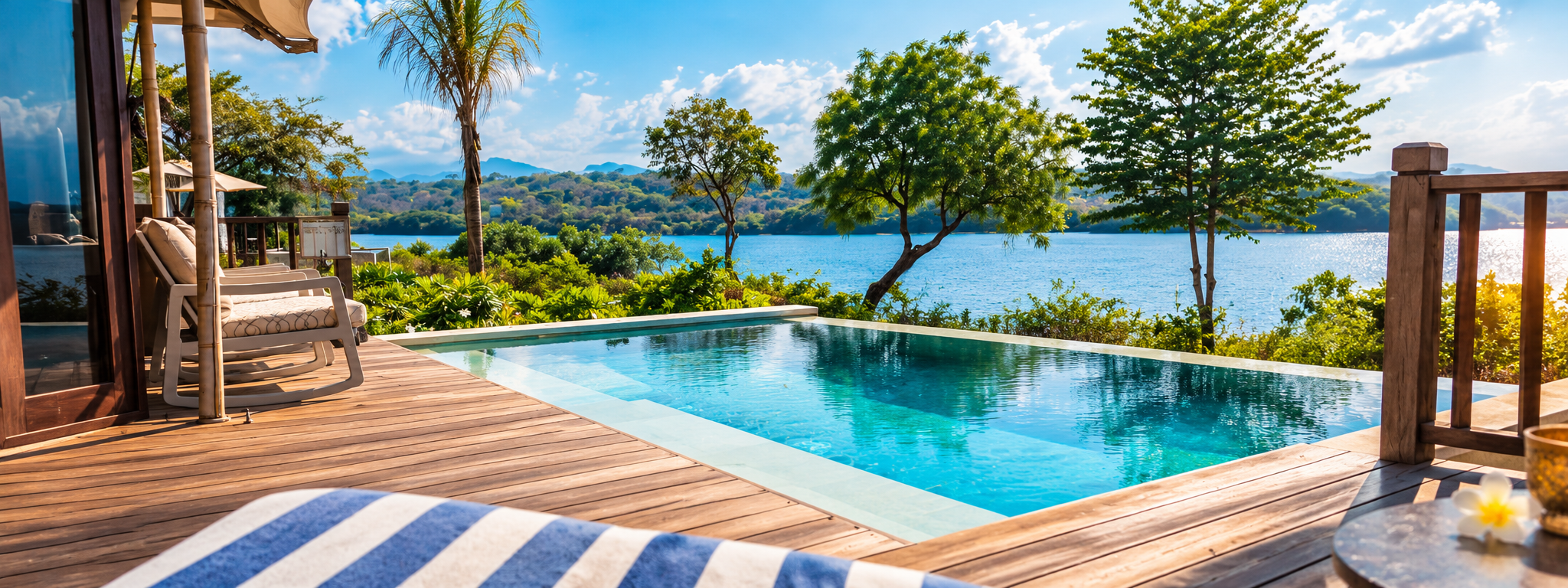 Unser Pool in Indonesien mit Blick aufs Wasser